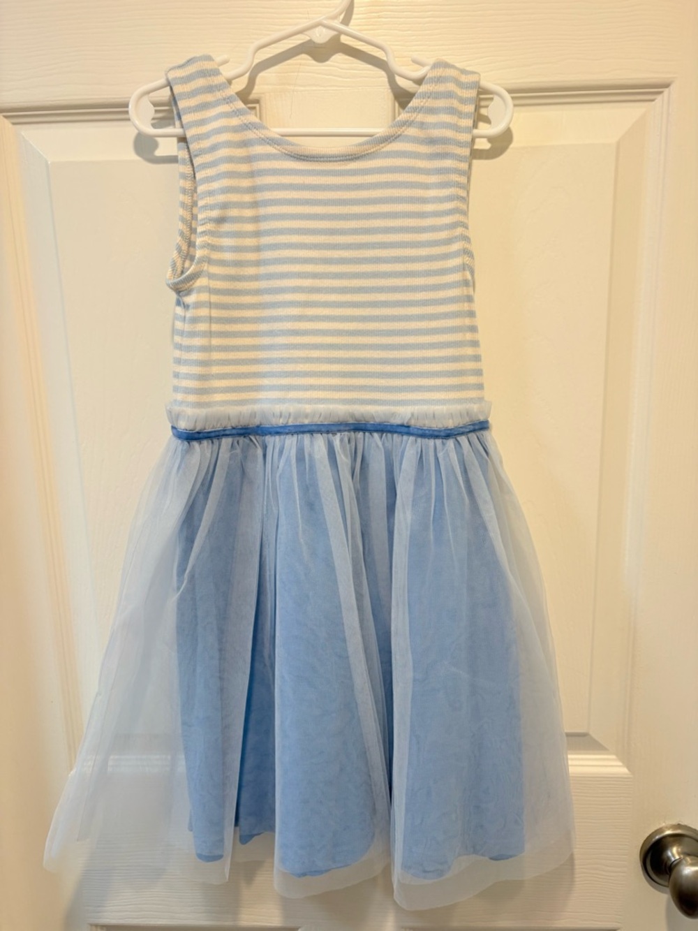 Mini Boden 7/8 Light Blue and White Striped Tank Tulle Dress